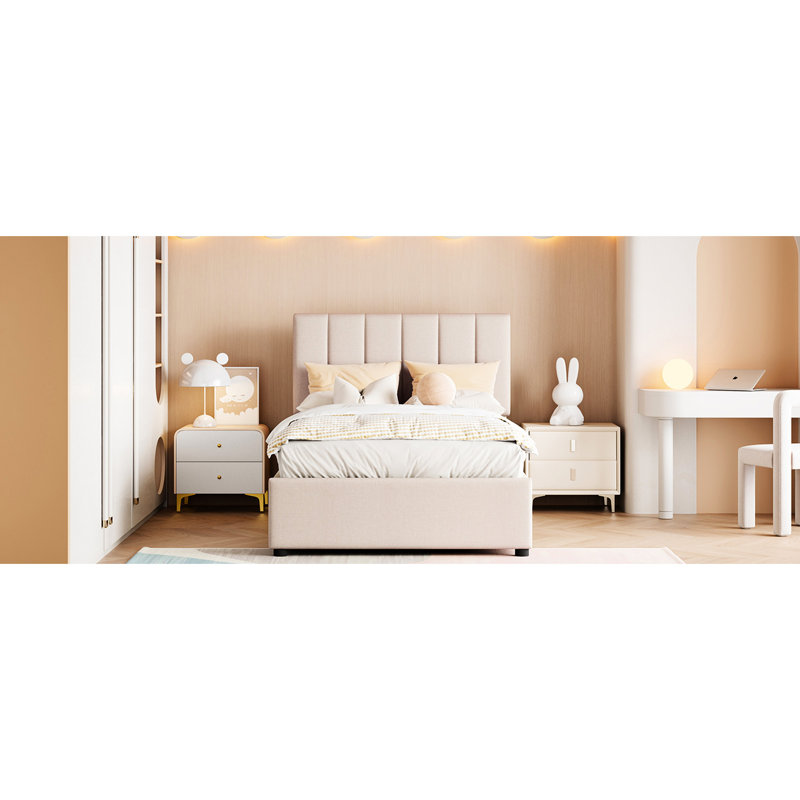 Lit plateforme tapissier avec rangement hydraulique pour lit simple de couleur beige