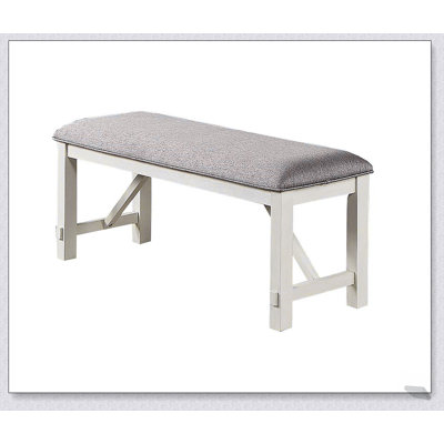 Modern Dining Room Bench with Gray Fabric Cushion and White Clean Lines, Combining Comfort and Style for Versatile Seating.