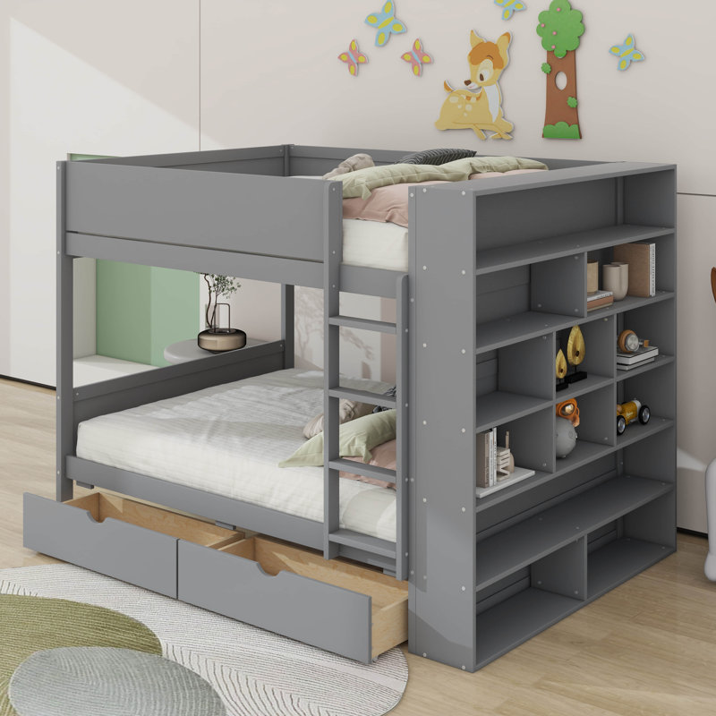 Lit superposé avec tiroirs et armoire, Gris, Lit superposé double sur double