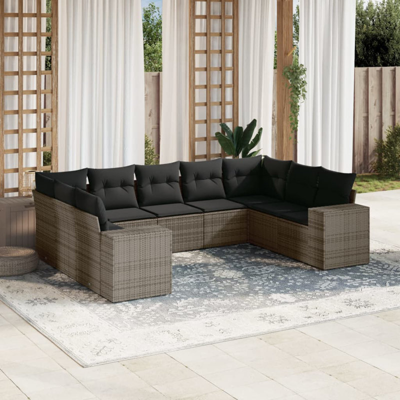 Vidaxl Garden Sofa Set Grey PE Rattan, Powder-Coated Steel, Polyester