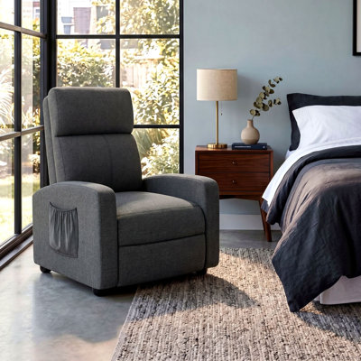 Fabric Recliner Chair, Single Reclining Sofa With Thicker Seat Cushion And A Side Pocket, Home Theater Seating With Adjustable Backrest And Footrest, For Living Room, Linen Gray