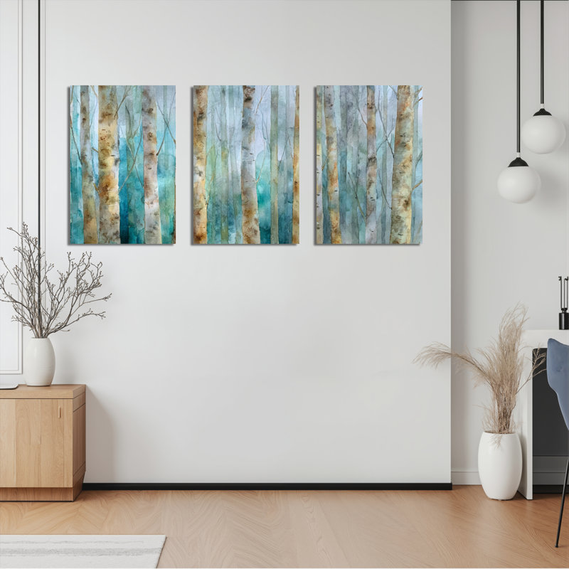 Ensemble de 3 tableaux muraux aquarelle sur toile tendue représentant une forêt de bouleaux, H 36 po x l 72 po