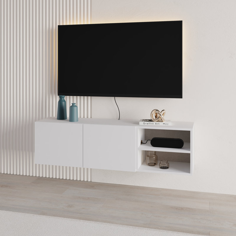 Floating TV Stand for 50" TVs with 2 Soft-Close Doors and Open Shelves, 140cm Wide, White