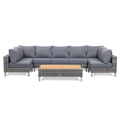 Lawrence Range Large U-shape Corner Sofa In Round Grey With Cushions And Teak Wood Table Top