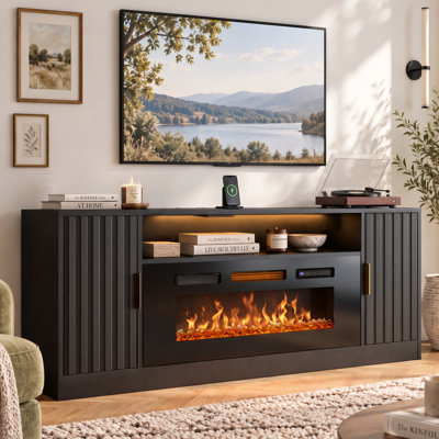 Meuble télé cannelé avec foyer de 36 po avec lumières et prises à DEL, convient aux téléviseurs de 75 po ou moins, Stembridge moderne pour le salon