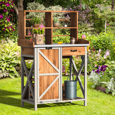 Banc de rempotage avec poubelle inclinable, plateau en métal galvanisé, gris argenté / bois de sapin naturel