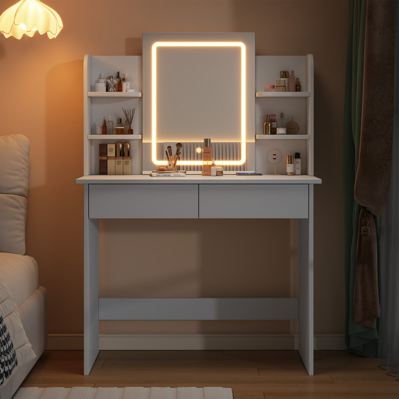KDCAS Small Vanity Desk with Mirror and Lights, 35.4in Makeup Vanity with 3 Color Adjustable Lights, Modern Dressing Table with 2 Drawers & Storage Shelves for Bedroom, White