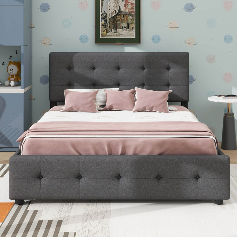 Grand lit plateforme en tissu avec deux tiroirs sous le lit et un lit gigogne, Gris foncé