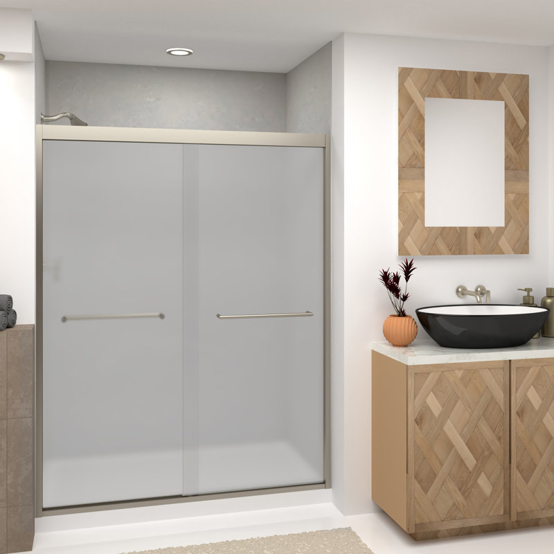 Porte de douche sans cadre Transoli Frederick en verre trempé givré de 5/16 po de l 60 po x H 76 po., Nickel