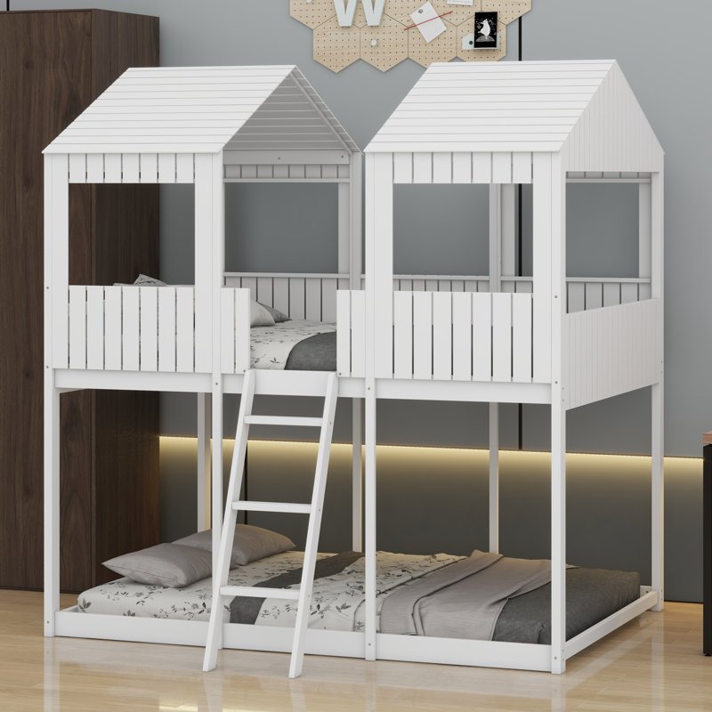 Wood Bunk Bed With Roof, Window, Guardrail, White