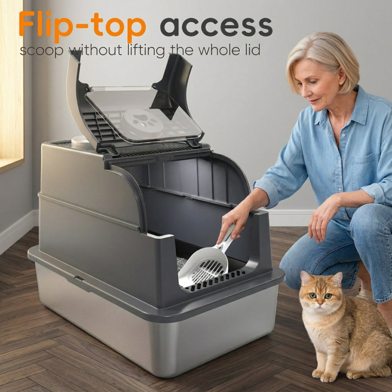 Grande grande litière pour chat en acier inoxydable avec couvercle rabattable, conception ouverte et fermée 3 en 1, marchepied et tapis anti-traces, contrôle des odeurs, nettoyage facile
