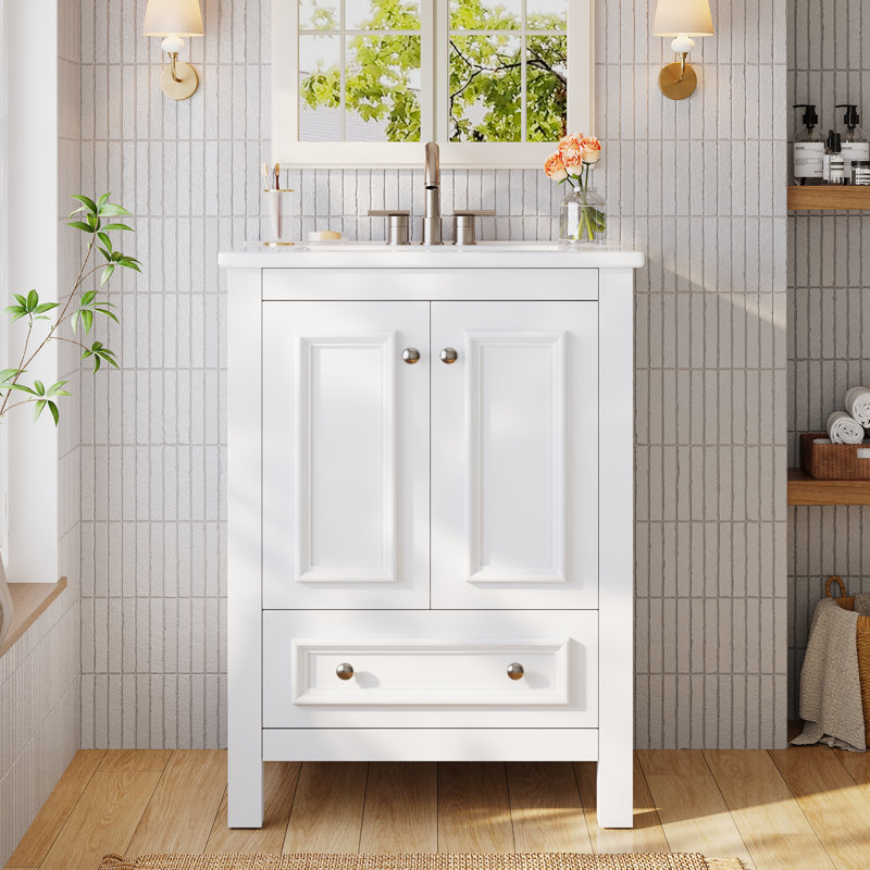 Ensemble de meuble-lavabo autoportant 24 po avec lavabo et cadre de porte en bois massif, Blanc, 24"