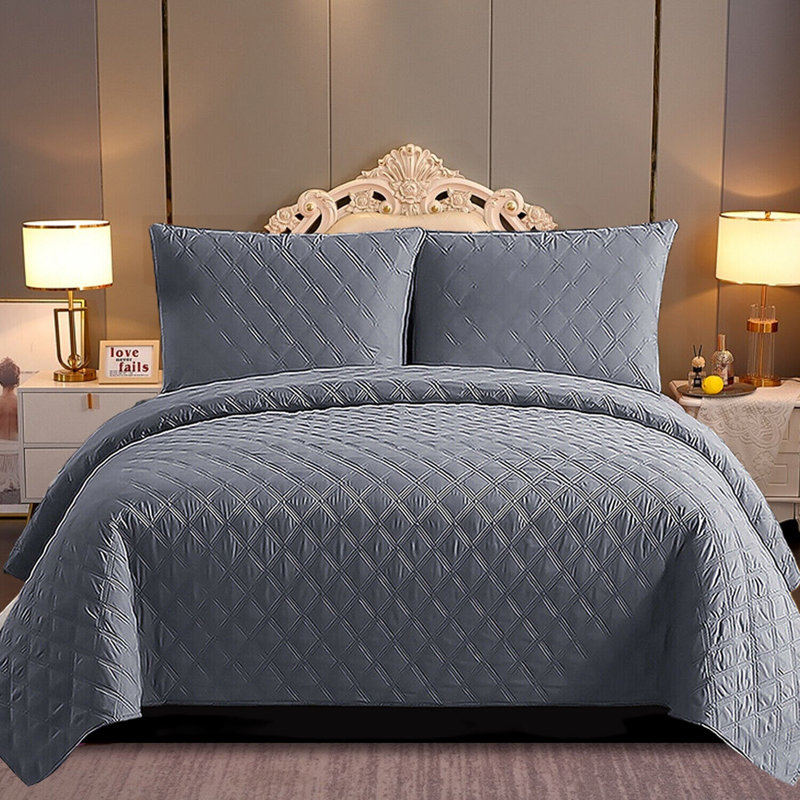 Watsonville Polyester Geometric Shapes Bedspread with Pillow Shams, Grey, 50 x 220 cm