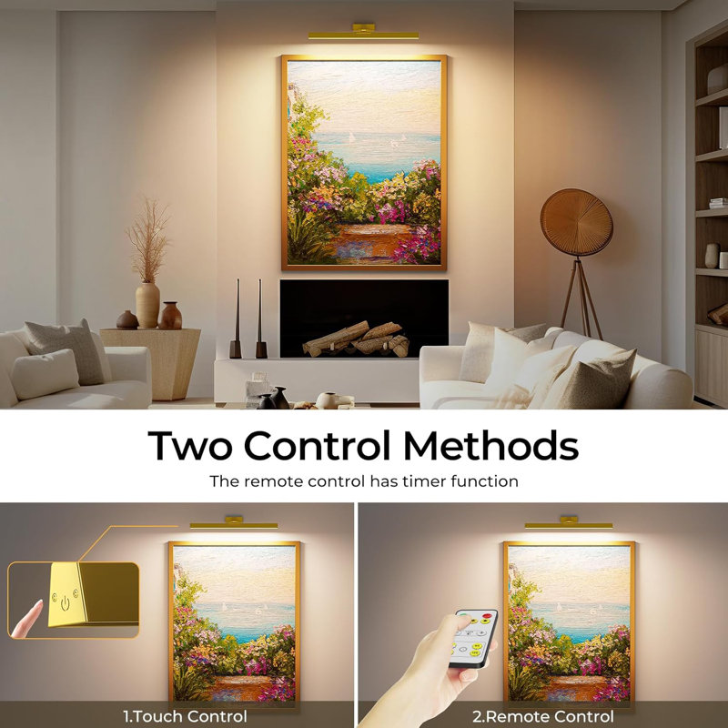 1 - Light Battery Operated Dimmable LED Wall Mounted Picture Light with Remote, Gold, 10.2cm H x 40.6cm W x 18.8cm D