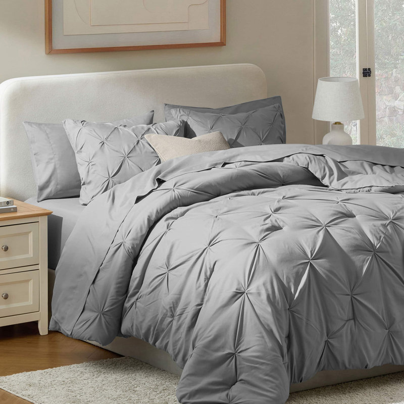 Bed-in-A-Bag Pleated Comforter Set with Bed Sheets, Grey, Full / Double Comforter + 6 Additional Pieces