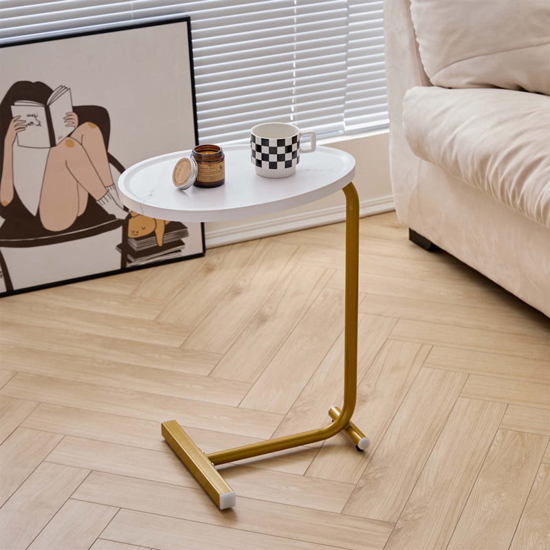 Modern C-Shaped End Table with Teardrop Tray Top, Slide-Under Sofa Side Table (Available in Multiple Finishes), Brown, Black