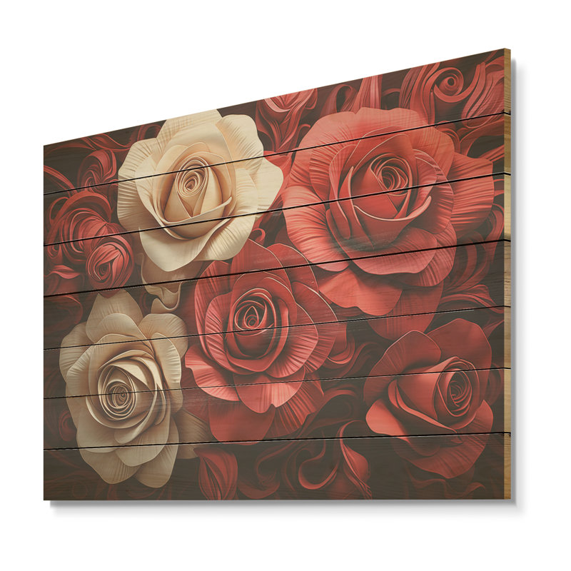 Rouge et blanc classique rose résonnant - roses sur bois, H 10 po x l 20 po x P 0,78 po