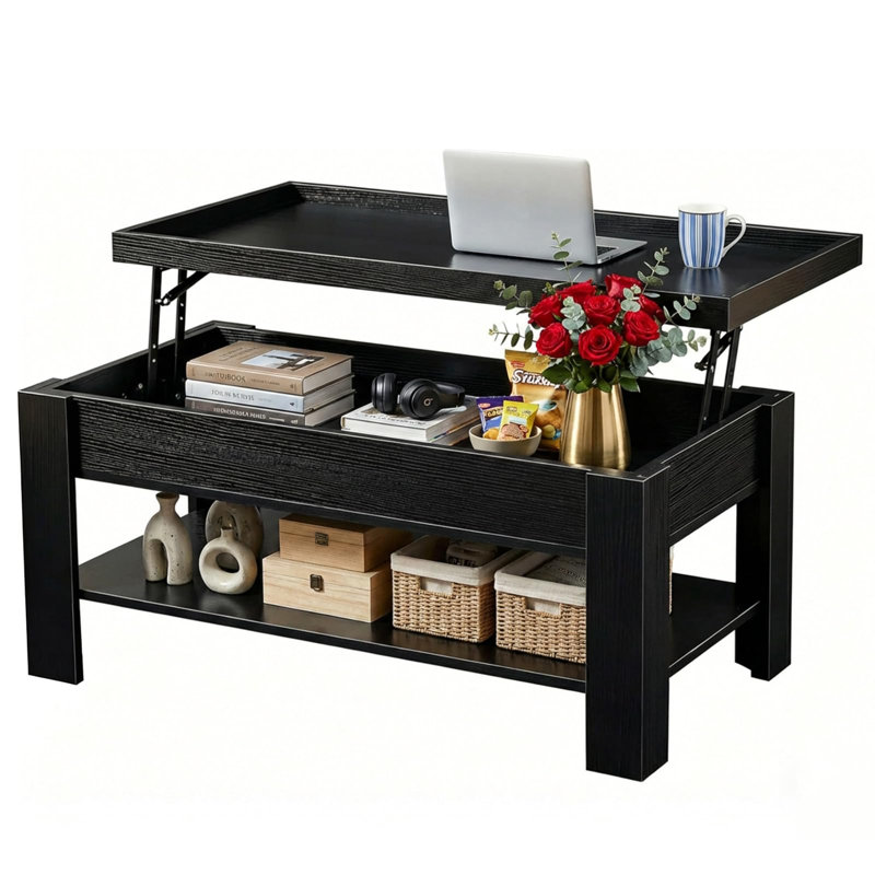 Lift Top Coffee Table with Hidden Storage, Modern Wood Center Table with Large Compartment and Shelf, Rising Desktop Dining Table for Living Room Home Office Small Space
