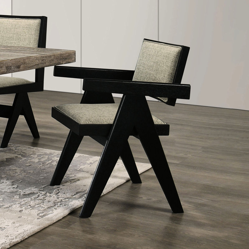 Chaises contemporaines avec accoudoirs de salle à manger, noires et grises, 2 pièces, chaises style tendance avec coussin gris, 2 pièces