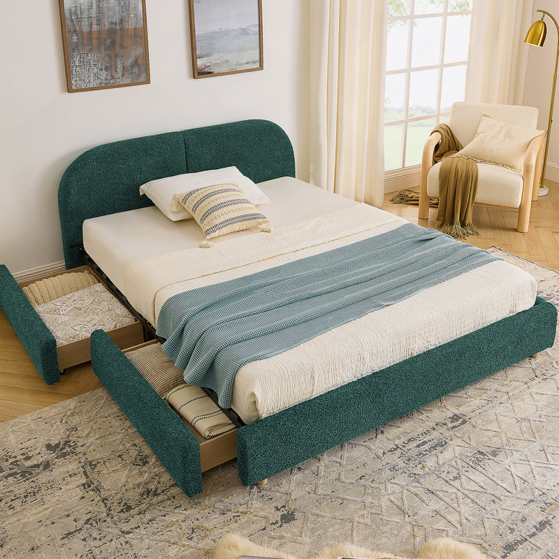 Structure de lit tapissier avec tiroirs, Grand lit, Vert