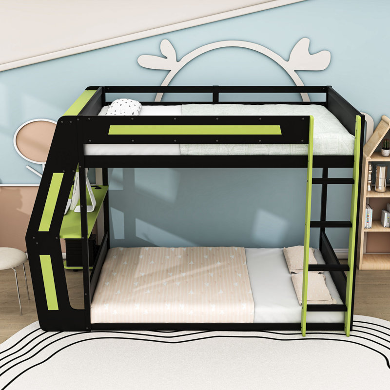Lit superposé en bois (deux places) avec bureau de jeu intégré, station de recharge et éclairage RVB, Vert