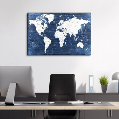 Grande carte du monde, art mural, salon, décoration murale, cartes du monde bleu pour décorations murales, carte des murs moderne et affiche, impressions sur toile, peinture, hommes, bureau, chambre à coucher, œuvre d'art encadrée, décoration intérieure 24 x 36 po