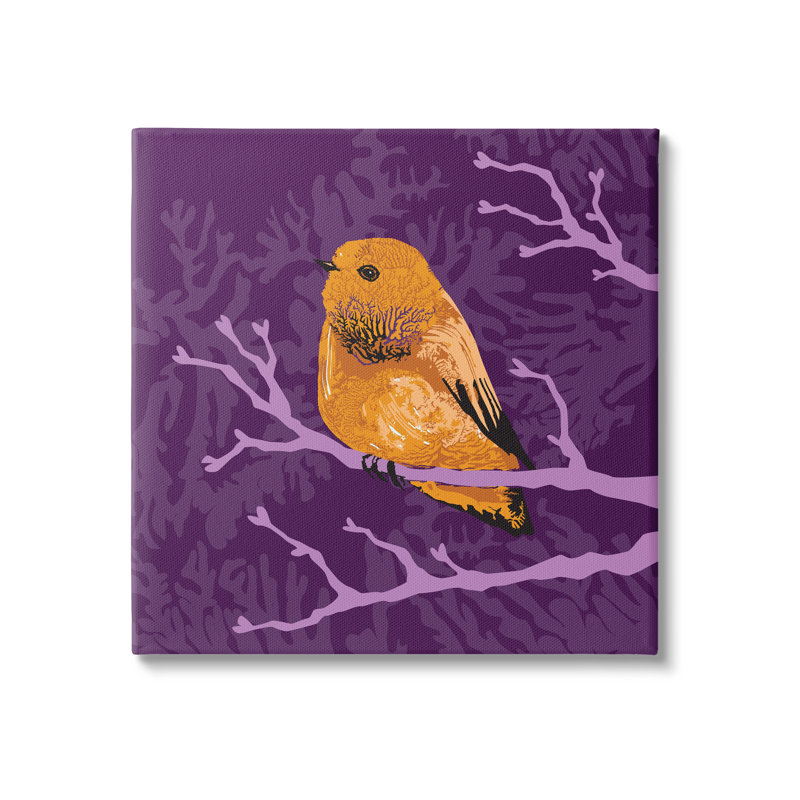 «Bold Orange Bird Sitting Purple Branches» par Verbrugge Watercolor, impression sur toile tendue