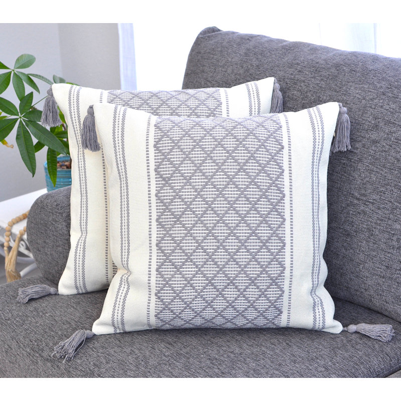 Woven Pillow Covers With Tassels, Geometric Pattern Pillowcases For Outdoor / Indoor (Set of 2), 16" x 16", Gray