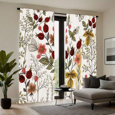 2 Pieces Vintage Botanical Print Light Filtering Curtain with Butterfly and Berry Design, Nature Inspired Decor, Rod Pocket Window Treatment, All-Season Curtains for Living Room Bedroom Decoration