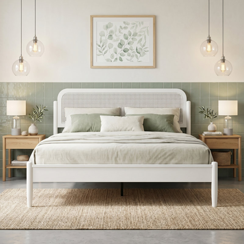 Base de lit grand avec tête de lit et pied de lit Jamison, lit plateforme en bois massif, 12 lattes solides avec pieds en métal, finition antidérapante et sans bruit, finition blanc pur