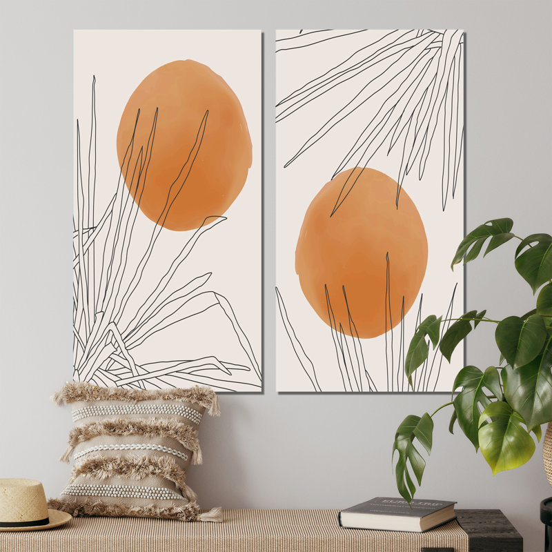 Branche botanique orange avec feuilles I - ensemble de 2 peintures, H 20 po x l 24 po x P 1 po, Toile tendue