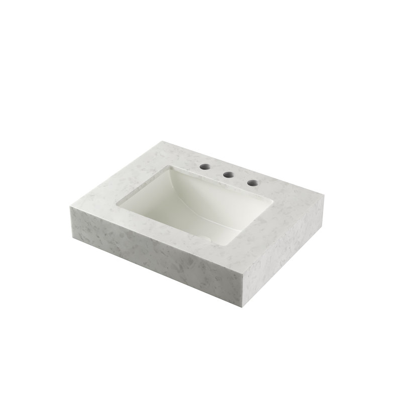 Comptoir ASO 24 po avec bordure en marbre artificiel, lavabo encastré en céramique avec 3 trous de robinetterie, sans robinetterie ni meuble, blanc