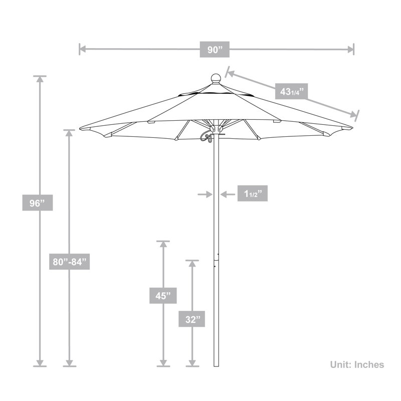 Parasol de marché 90 po Sunbrella, Toile bleu marine Sunbrella®, Argent anodisé