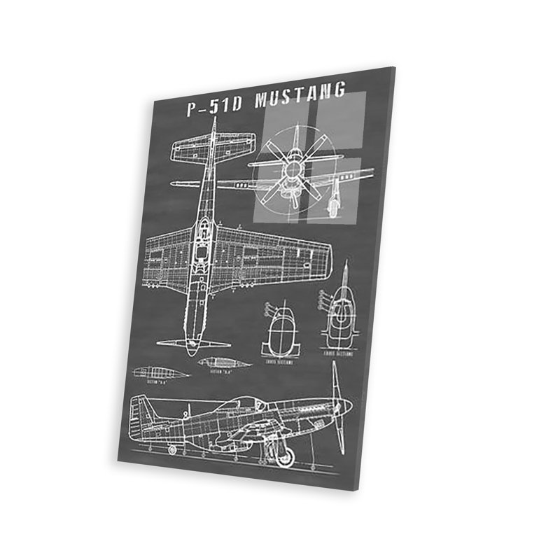 P-51 Mustang avion rétro | Impression noire sur verre acrylique, Noir / blanc, H 24 po x l 16 po x P 0,25 po