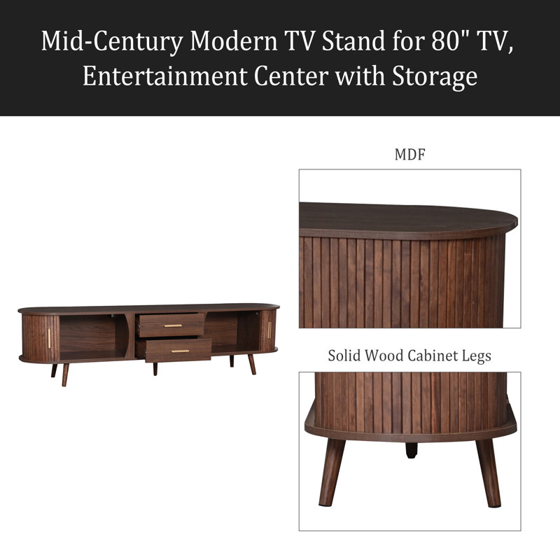 Mid-Century Modern TV Stand For 80" TV, Entertainment Center With Storage For Living Room, Bedroom, Media Console Table With 2 Drawers