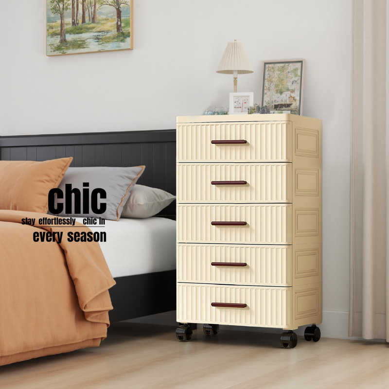 Multifunctional Night Stand Bedside Table Snack Children's Toys Books Clothes Storage Cabinet 5 Layers,Cream Color
