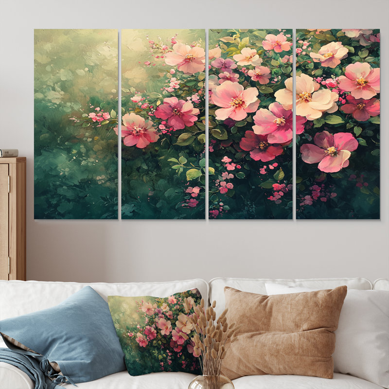 Calumet - pivoines - art mural traditionnel pour le salon, 4 pièces, H 32 po x l 64 po