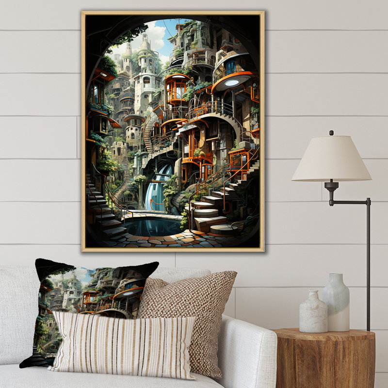 Animations, ville futuriste - salon d'art mural, Cadre naturel flottant, H 40 po x l 30 po x P 1,5 po