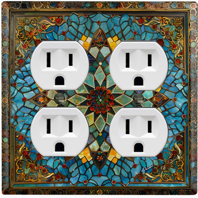 Metal Light Switch Plate Cover; US Standard Size 2 Gang Duplex - Printed Image of Stained Glass Mosaic Mandala