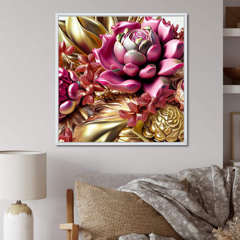 Exquise rose et roses glamour dorées, H 24 po x l 24 po x P 1 po, Cadre flottant blanc