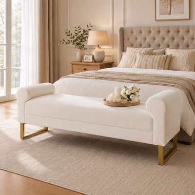 65" Ottoman Bench, Chenille Bench for Bedroom, End of Bed Bench Upholstered and Gold Legs, Bedroom Benches with Arms for Living Room Window and Entryway