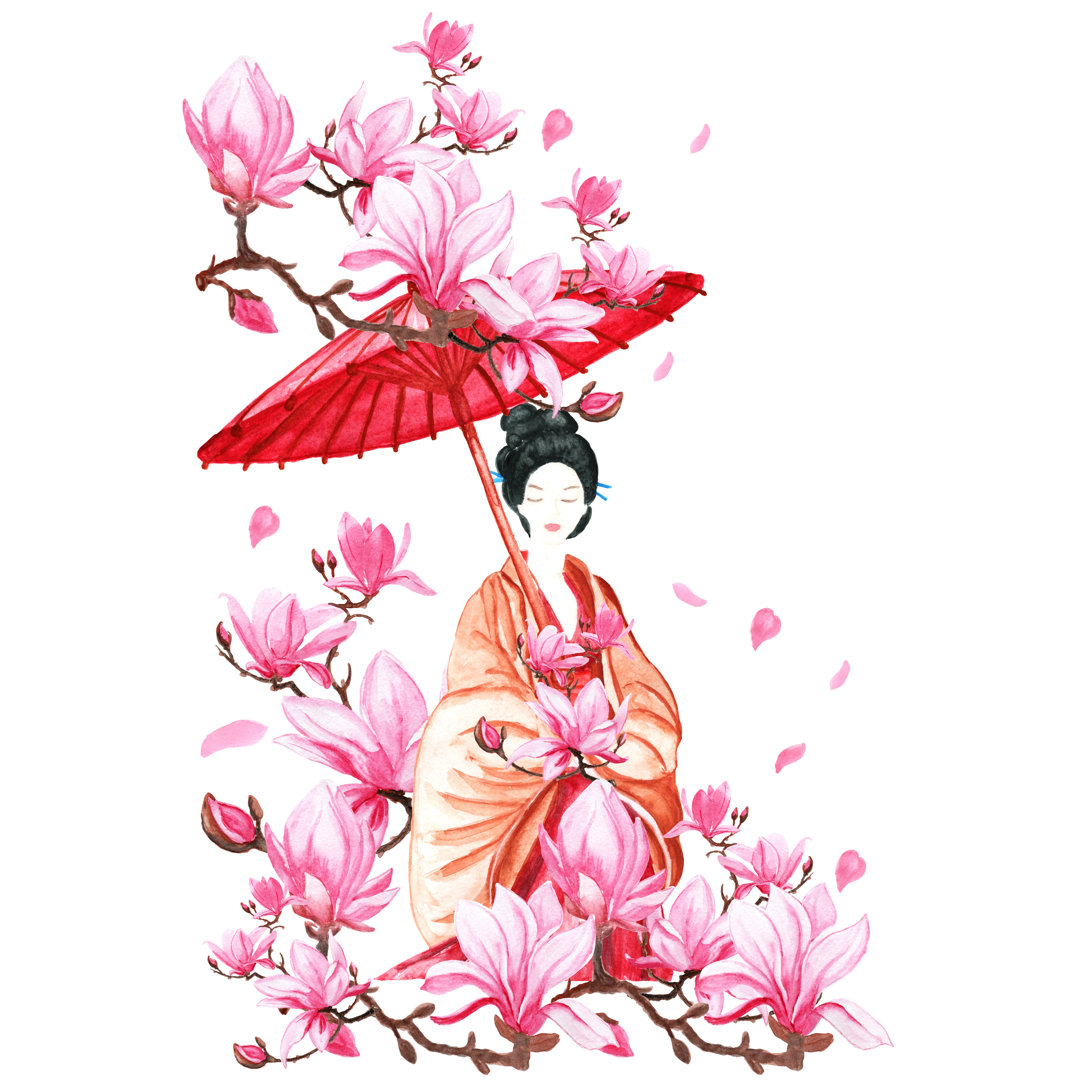 Mädchen in Sakura Blumen Illustration - Leinwandbild auf Leinwand