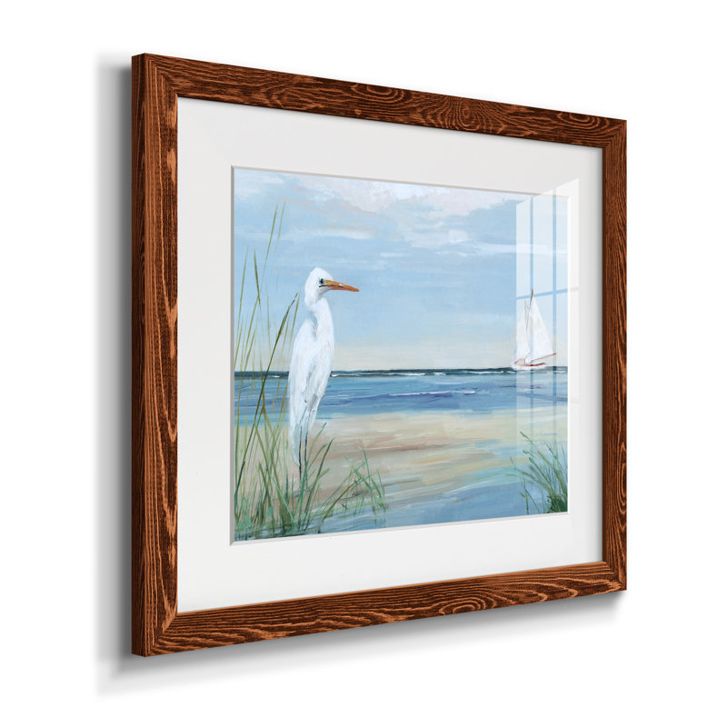 Summer Heron - Ensemble de 2 peintures sur papier encadrées, H 24 po x l 36 po x P 1,5 po, Papier avec cadre érable