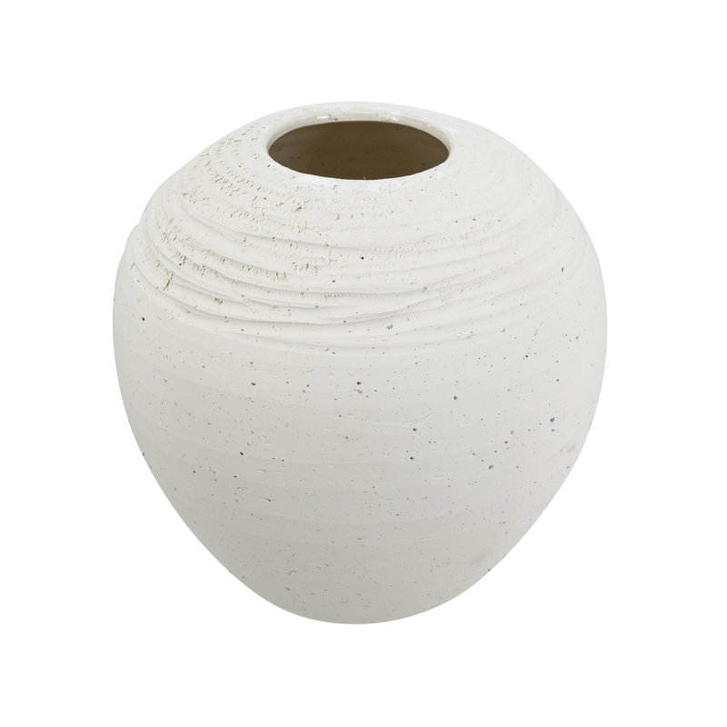 Round Hand-Pulled Ceramic Vase With Speckled White Finish, 8.7" H x 9.1" W x 9.1" D