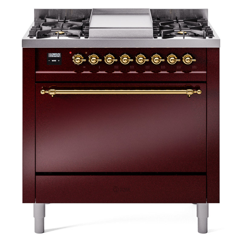 ILVE Nostalgie II 36 in Dual Fuel Range, Natural Gas, Burgundy/Brass