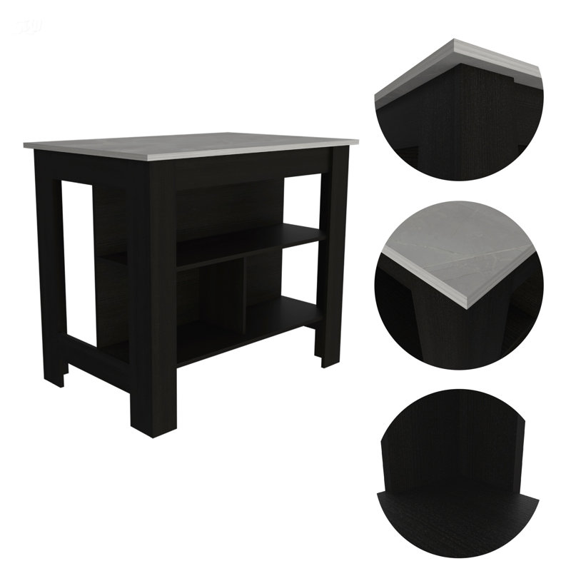 Cala 3-Shelf Wooden Kitchen Island, Black/Ibizar Marble