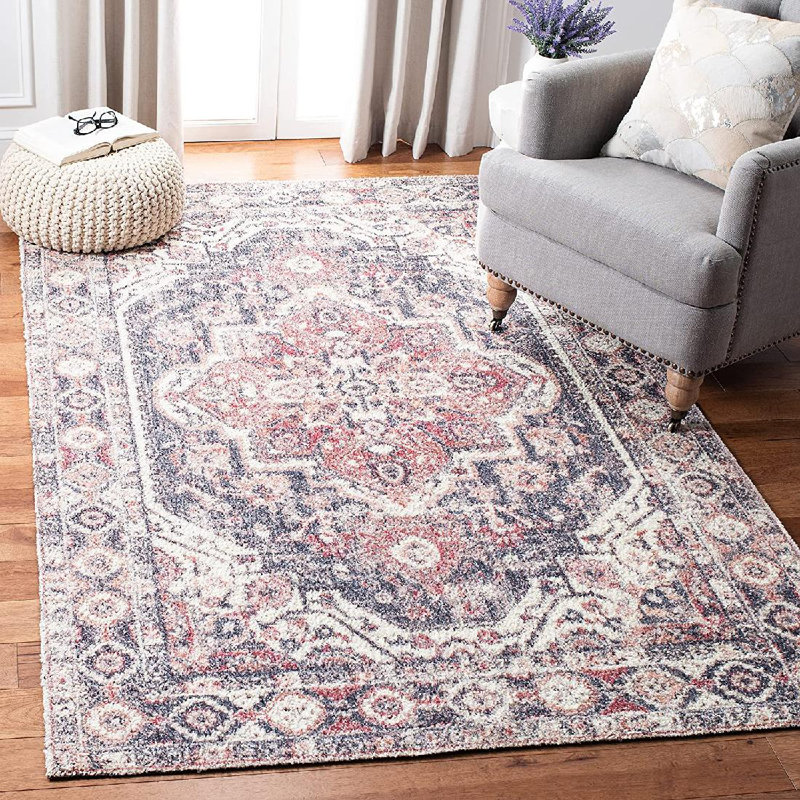 Tapis géométrique en polyester touffeté à la main rouge / bleu, Rectangle de 5 pi x 8 pi