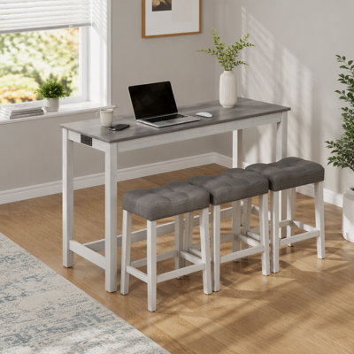 Ensemble de table de bar 4 pièces avec prise électrique, comprenant table et chaises, table de bar avec tabourets, table d'appoint derrière le canapé avec 3 tabourets rembourrés, pour salon et salle à manger, blanc et gris.