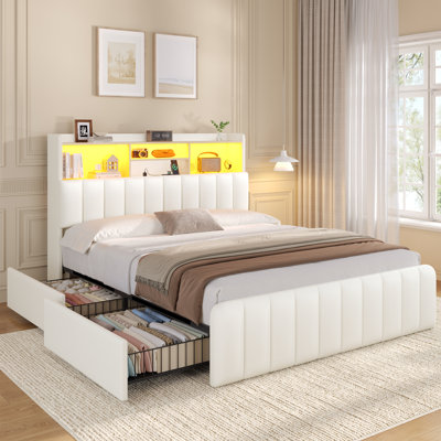 Queen-Size Bed Frame With Bookshelf Headboard, Frame With Hidden Storage And 4 -Large Drawers, Led Light And Charging Station, Sturdy Bed Slats, No Spring Mattress Required, Quiet Operation