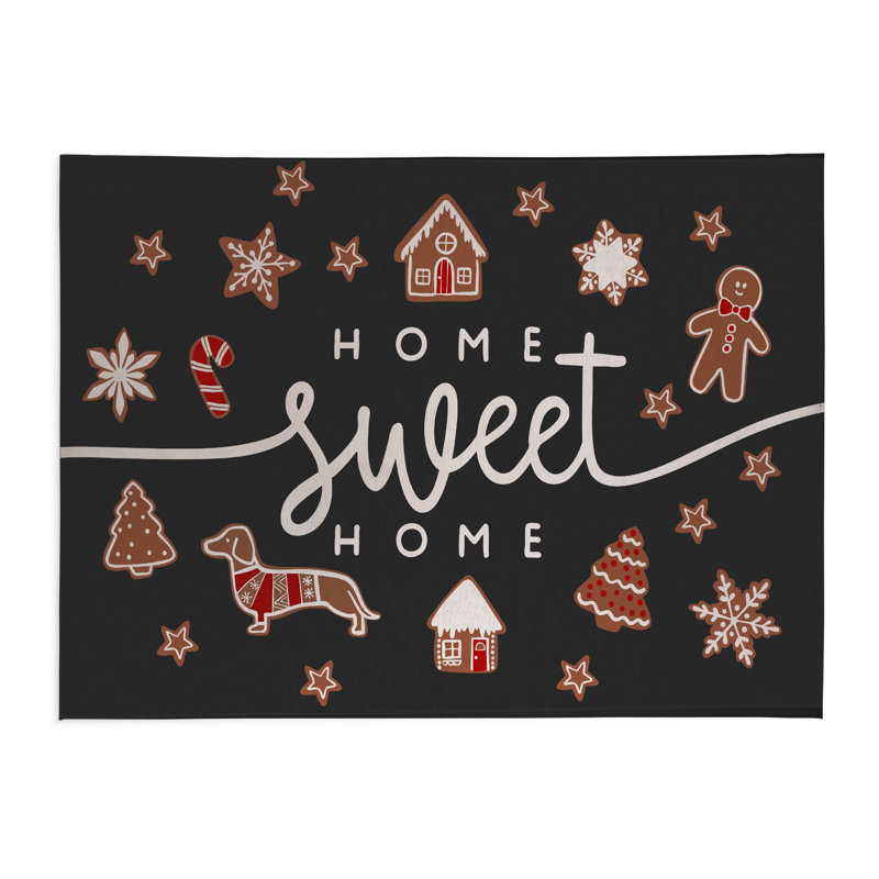 Tapis de cuisine à profil bas Gingerbread Home Sweet Home, Rectangle 4pi x 6 pi, Gris anthracite / rouge / blanc